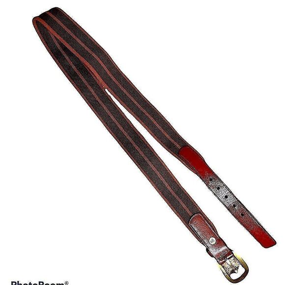 Vintage 70s green brown and rust colored Elastic belt w leather & brass buckle - Picture 1 of 5